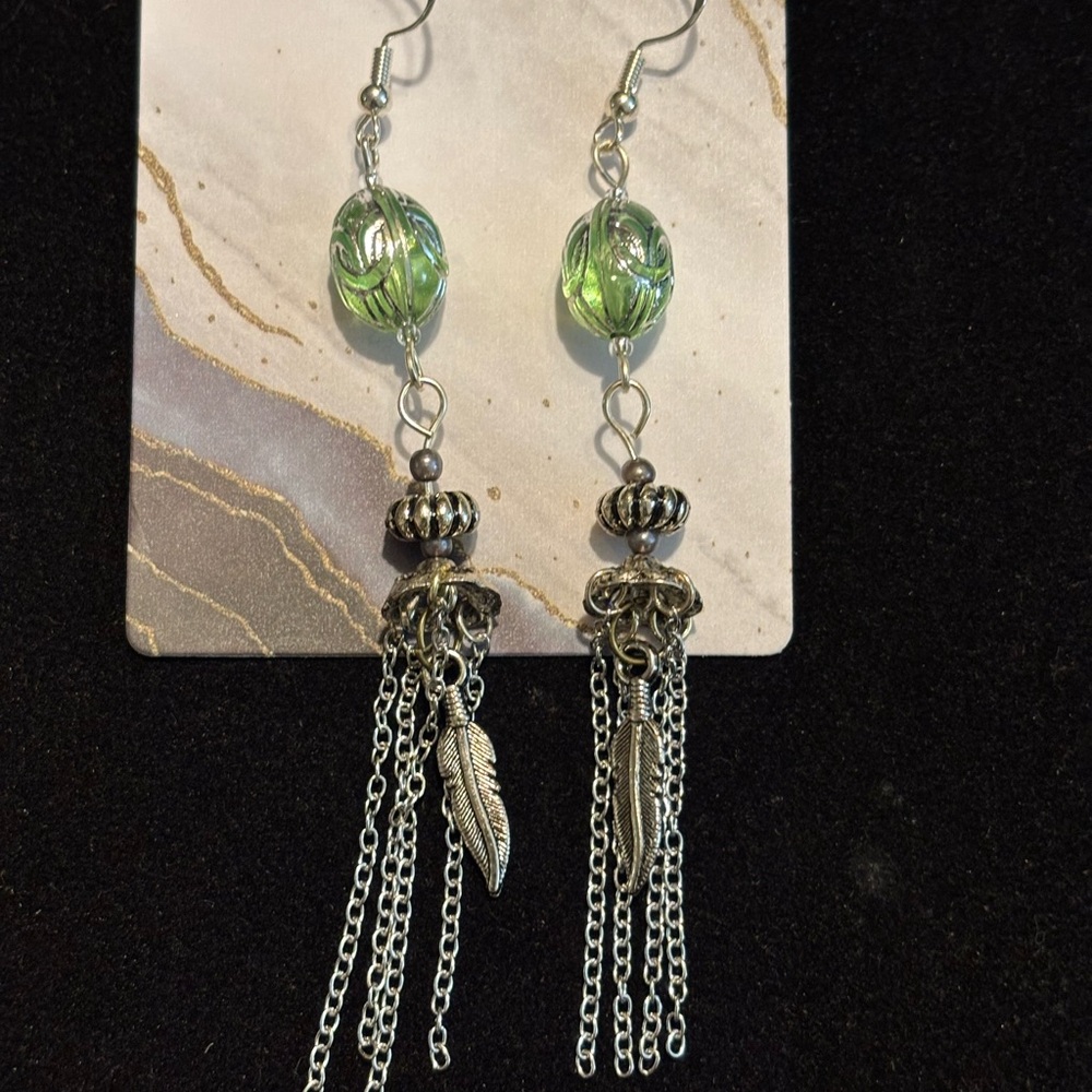 Handmade Silver and Green Feather Dangle Chandelier Earrings